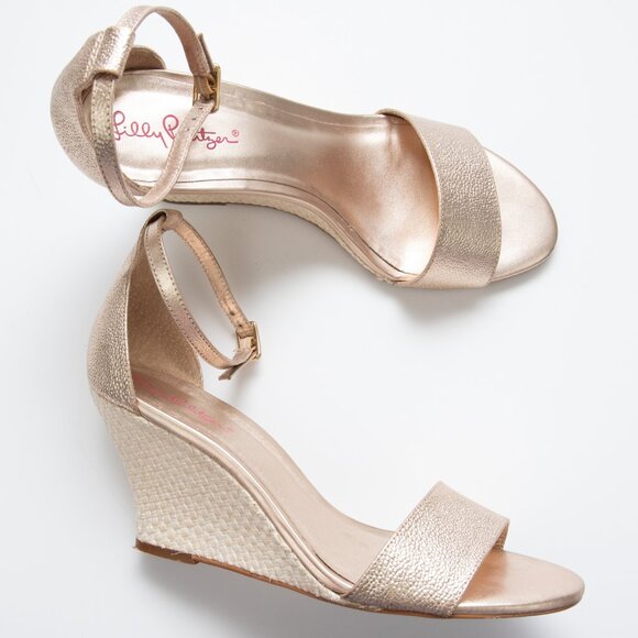 Lilly Pulitzer Shoes - Lilly Pulitzer Bridgette Raffia Sandal Wedge Leather Ankle Strap Gold Size 9